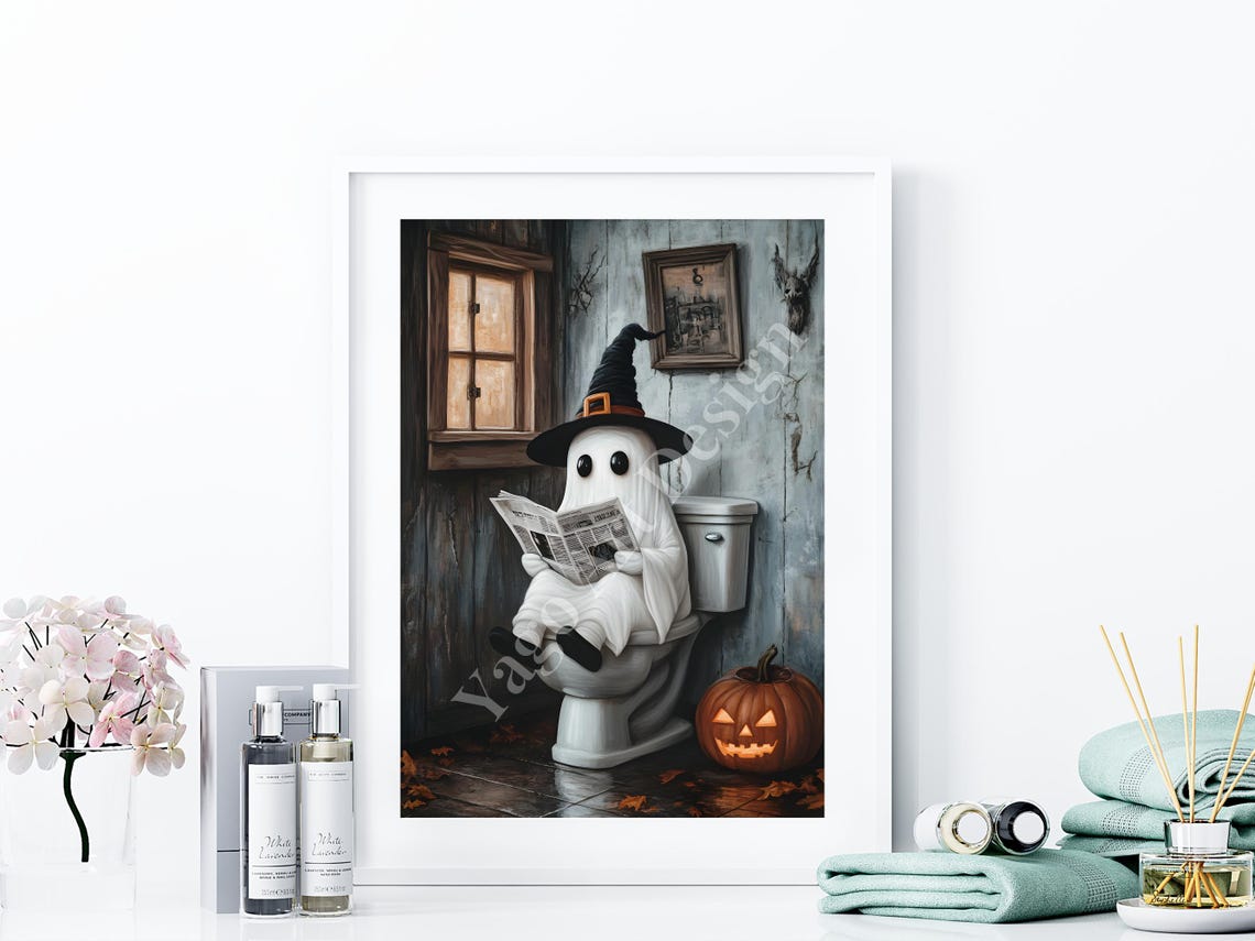 Cute Ghost On Toilet Witch Hat Pumpkin Funny Halloween Poster - Image 4
