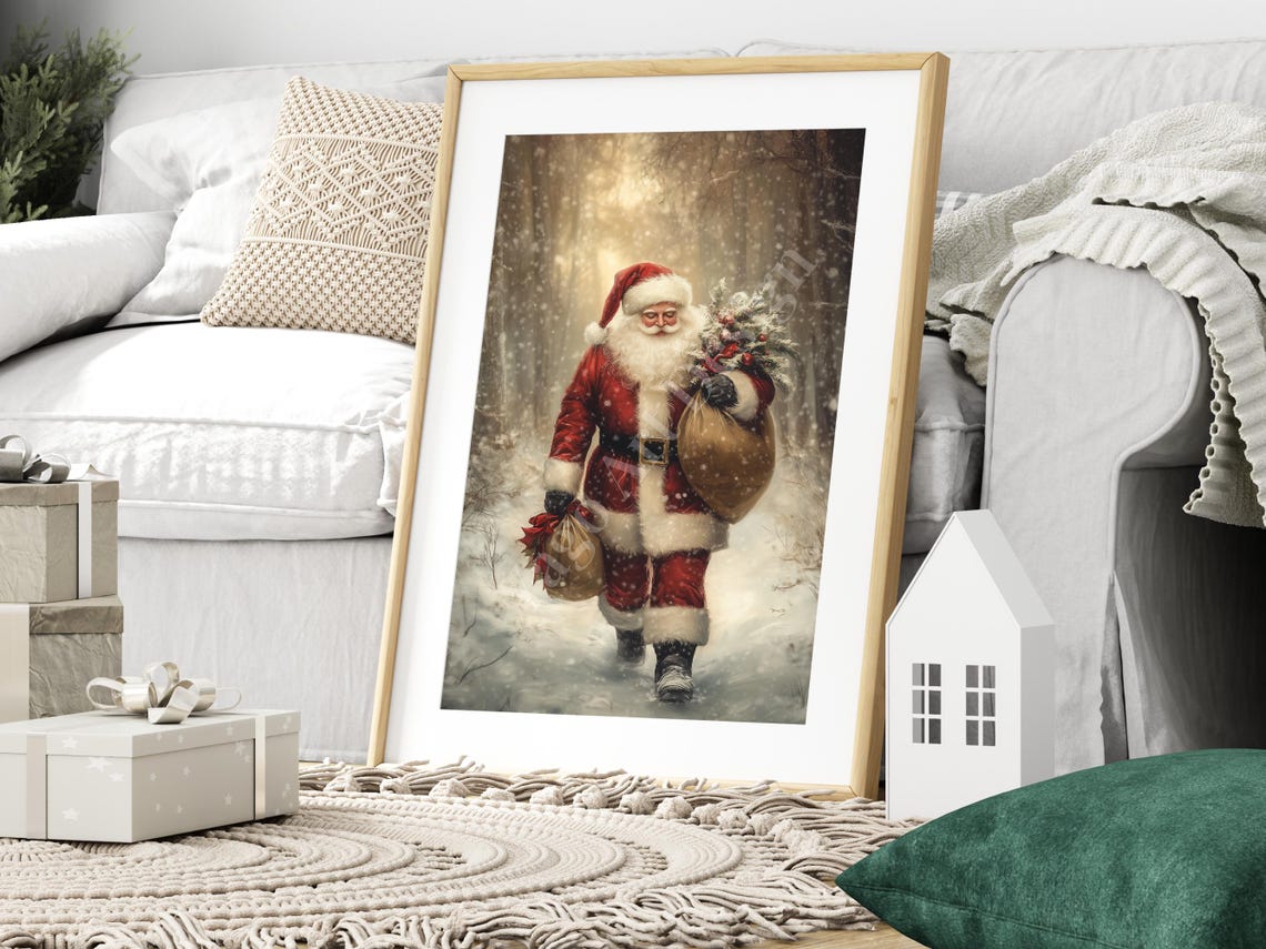 Santa Claus Walking Through Snowy Forest Poster Winter Night Art - Image 3