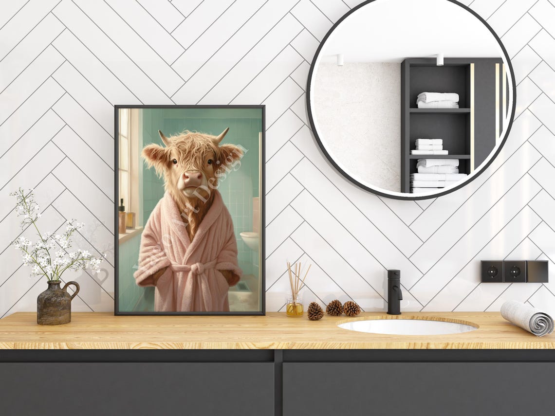 Highland Cow in Pink Bathrobe Poster Cute Pastel Bathroom Decor - Image 3