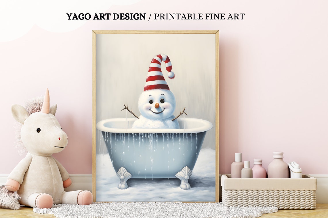 Cute Smiling Snowman In Bathtub Striped Hat Kids Christmas Wall Art