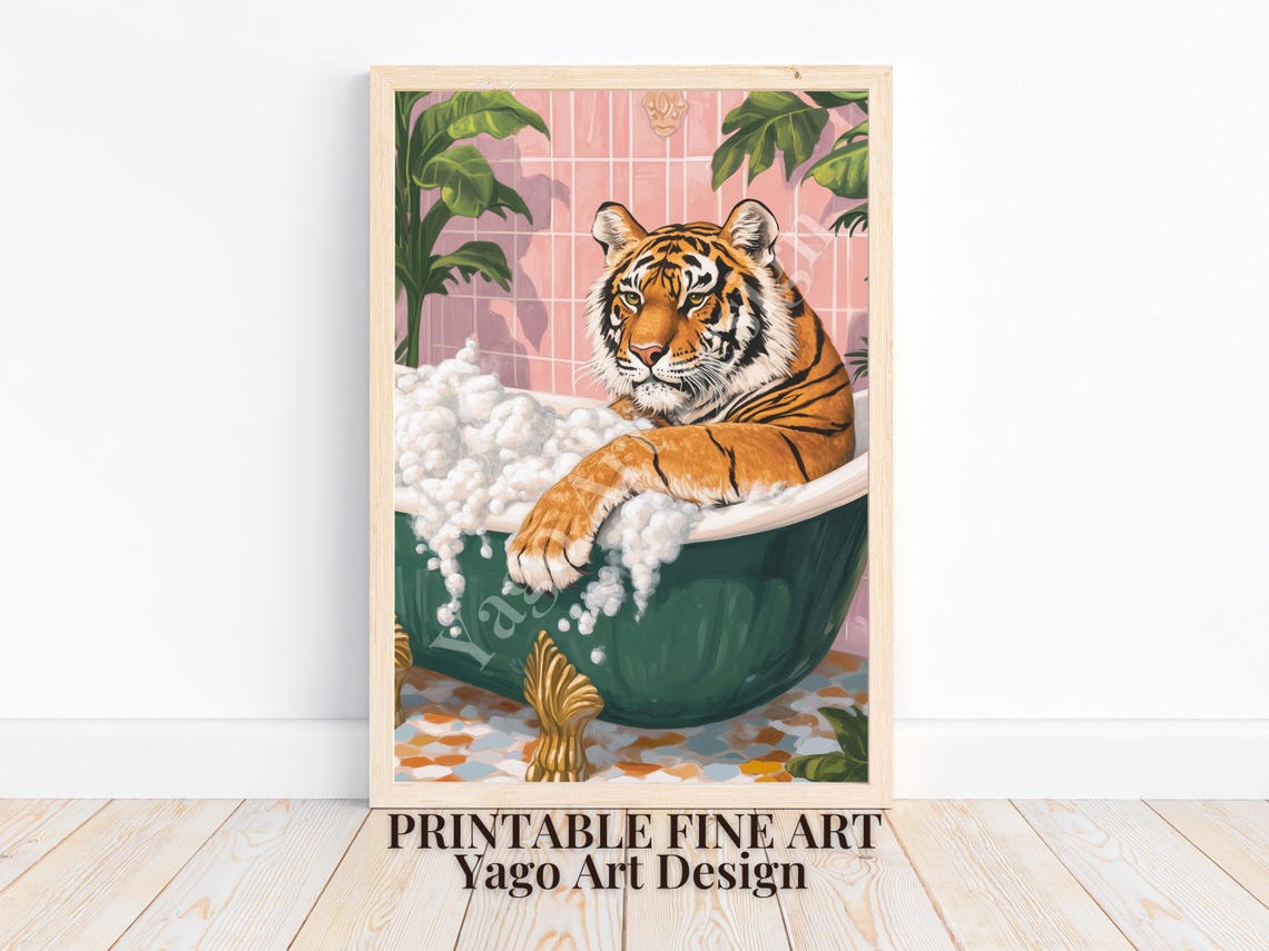 Tiger Relaxing in Bubble Bath Poster Preppy Tropical Pink Tile Decor