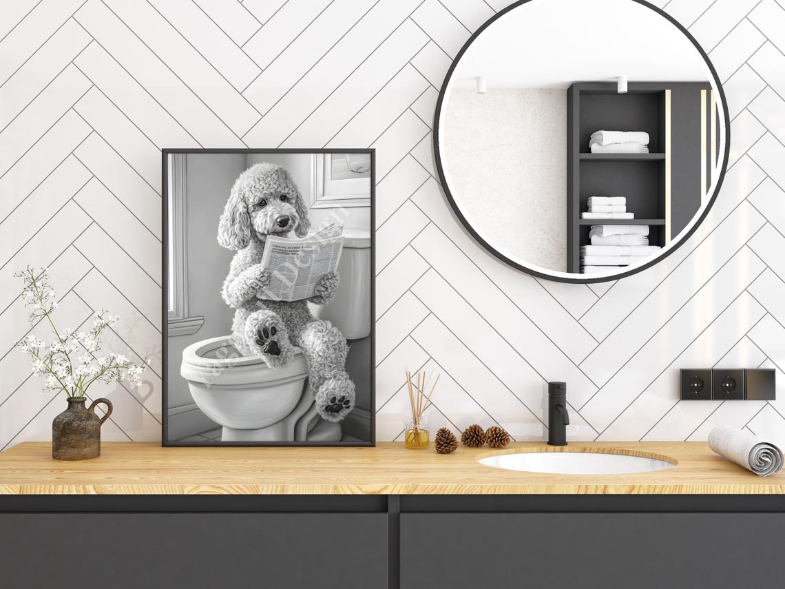 Goldendoodle Reading Newspaper on Toilet Funny Bathroom Poster - Image 2