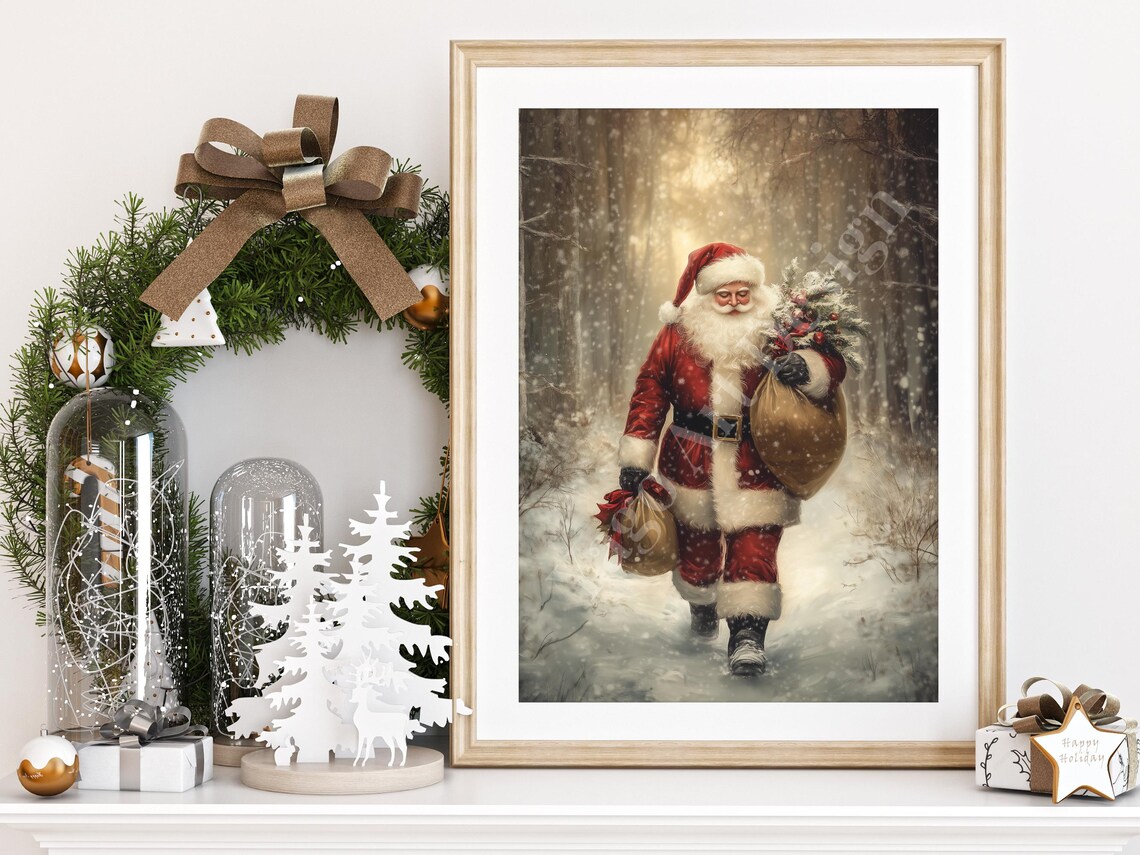 Santa Claus Walking Through Snowy Forest Poster Winter Night Art - Image 2