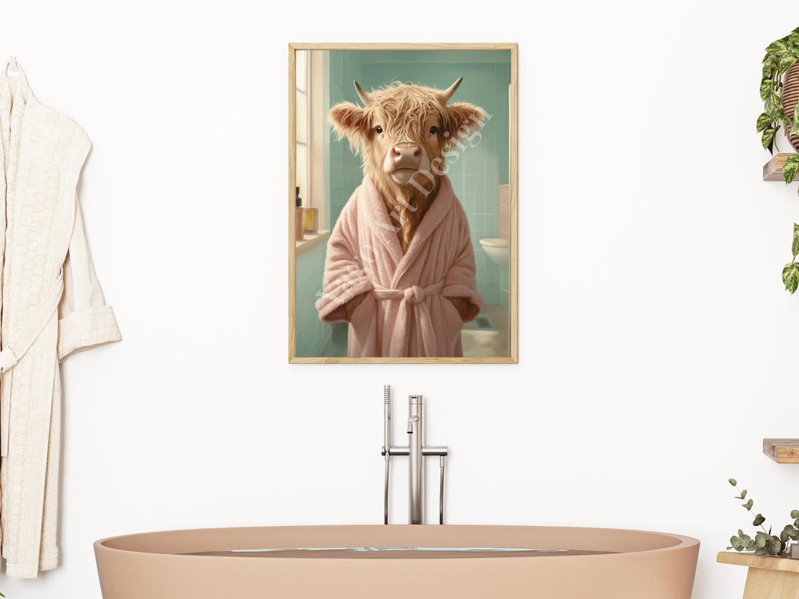 Highland Cow in Pink Bathrobe Poster Cute Pastel Bathroom Decor - Image 2
