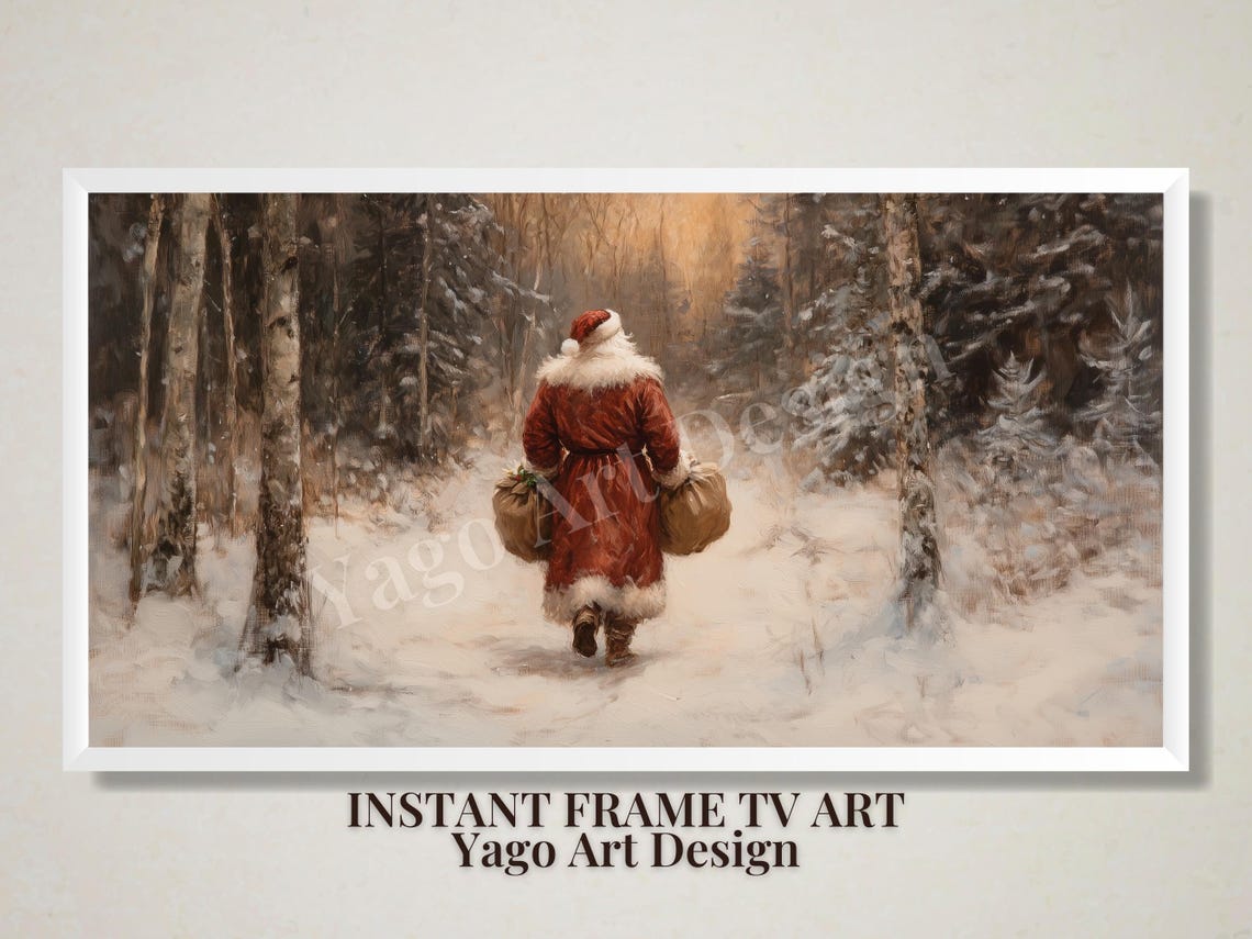 Santa Walking Into Snowy Forest With Gift Sacks Frame TV Art Poster - Image 2