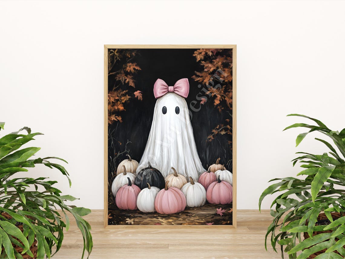 Cute Ghost with Pink Bow among Pink Pumpkins Dark Halloween Poster - Image 2