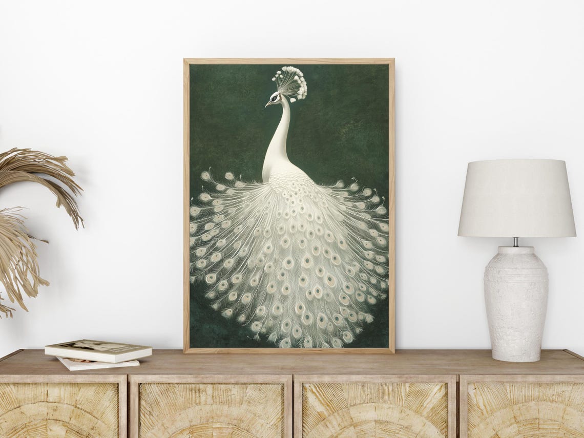 White Peacock with Fanned Tail on Dark Green Elegant Art Poster - Image 2