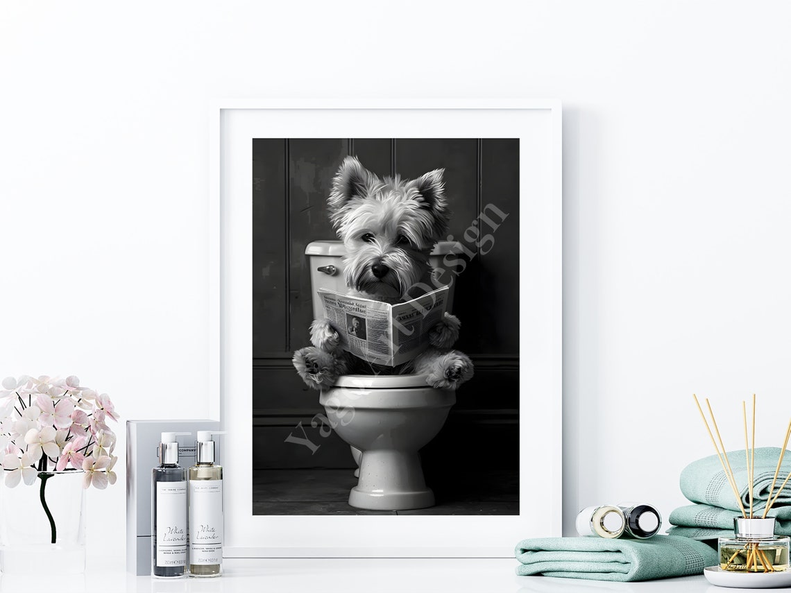 West Highland Terrier Reading Newspaper on Toilet Funny Poster - Image 4