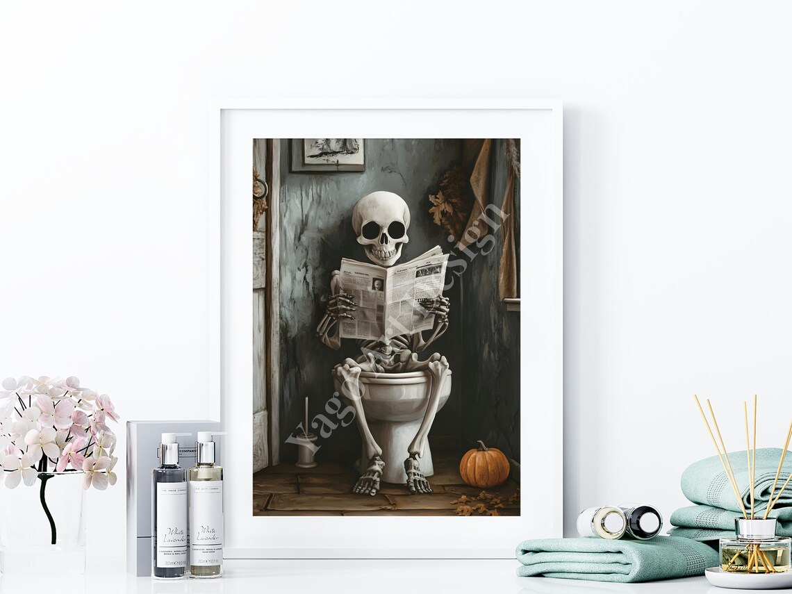 Skeleton Reading Newspaper on Toilet Halloween Bathroom Art Poster - Image 4