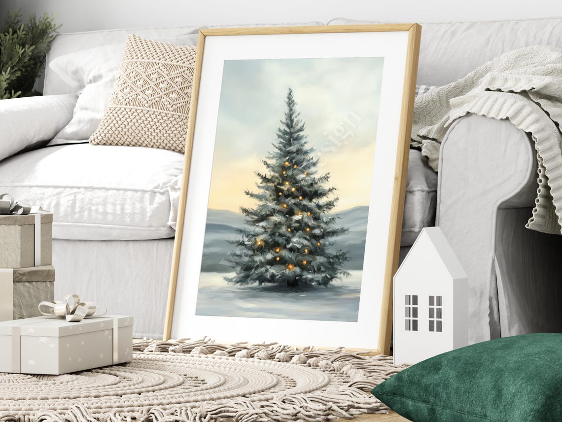 Snowy Christmas Tree Warm String Lights Winter Landscape Poster - Image 3