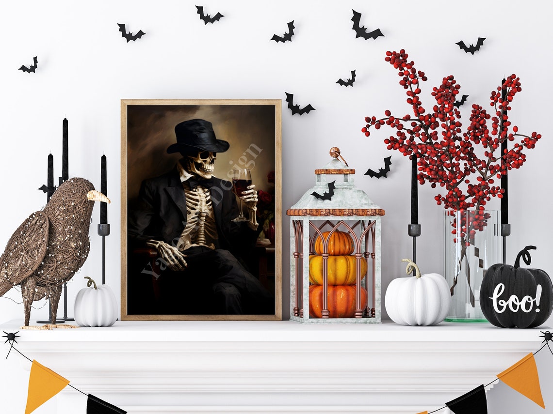 Skeleton In Suit Red Wine Glass Vintage Gothic Halloween Poster - Image 4