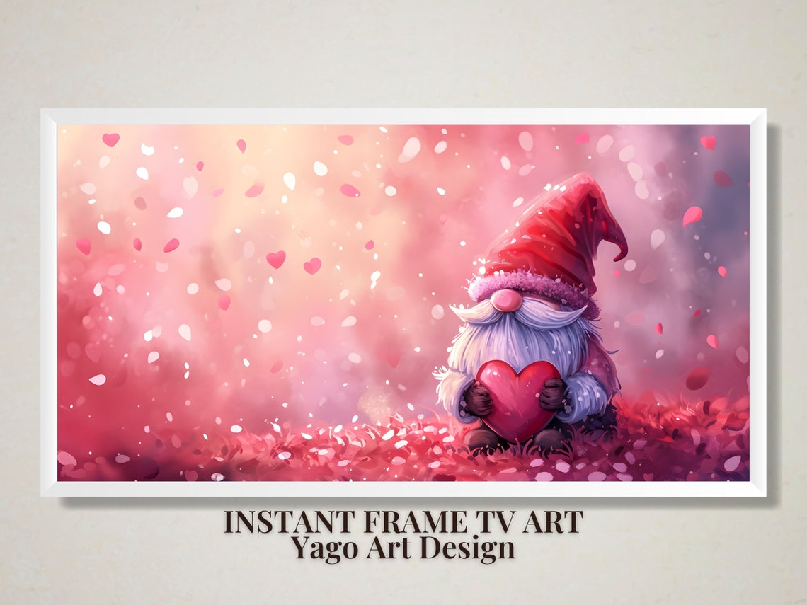 Cute Valentine Gnome Holding Red Heart Pink Floral Love Wall Art - Image 2