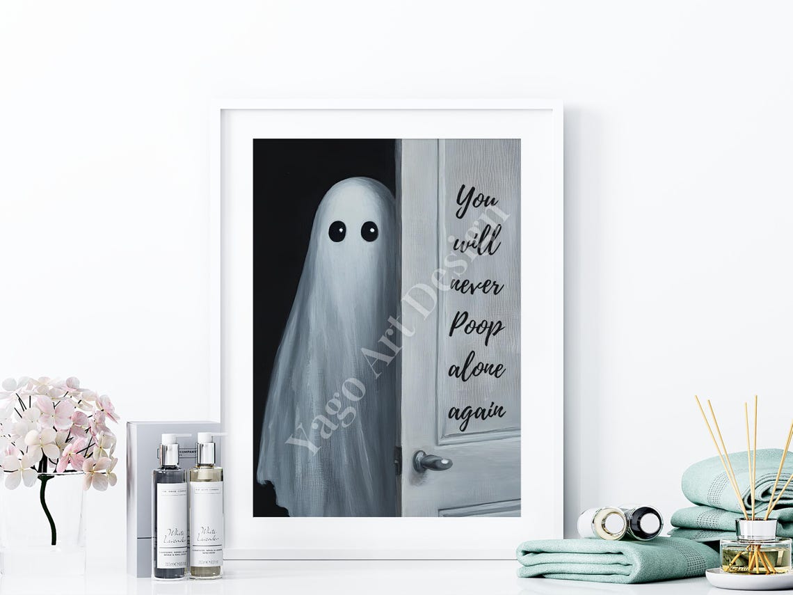 Cute Ghost Peeking Behind Door Funny Never Poop Alone Bathroom Poster - Image 4
