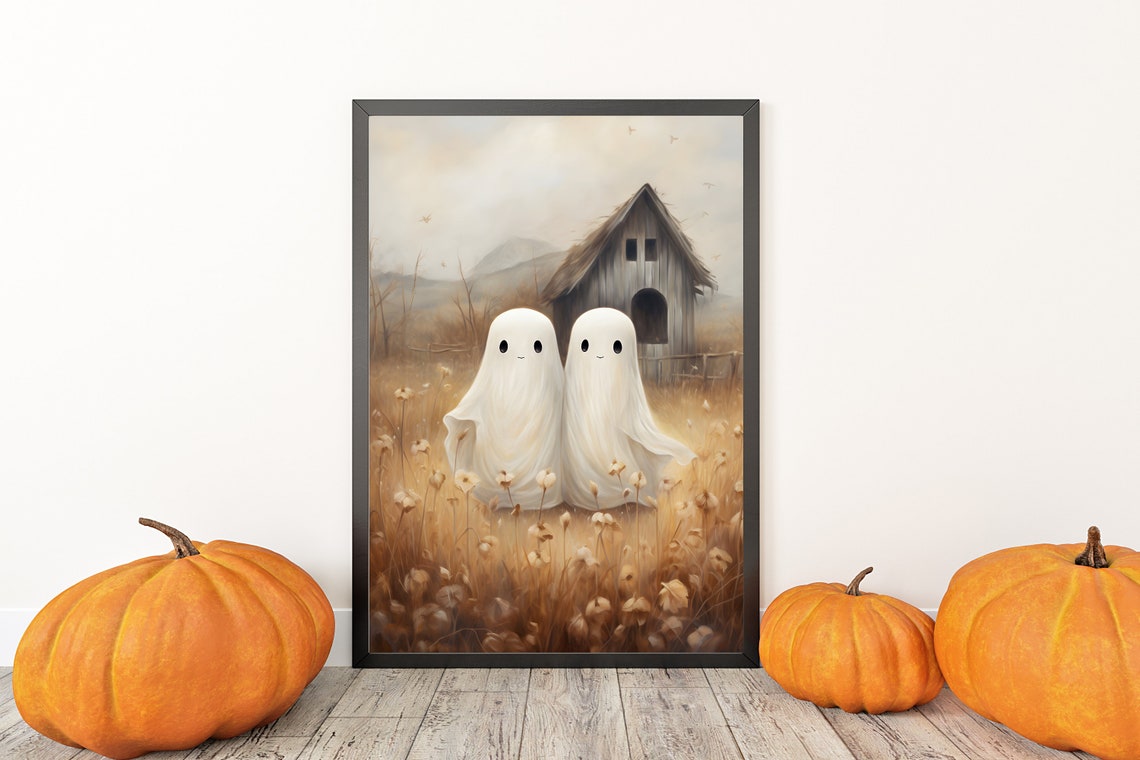 Two Cute Ghosts in Autumn Field Whimsical Halloween Art Poster - Image 3