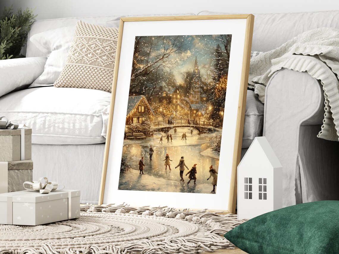 Winter Ice Skating Village Scene Poster Vintage Holiday Snow Art - Image 3