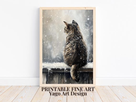 Winter Art Moody Cat Art Rustic Farmhouse Wall Art Winter Home Decor Holiday Poster Lovely Cat Painting Cat Lover Gift