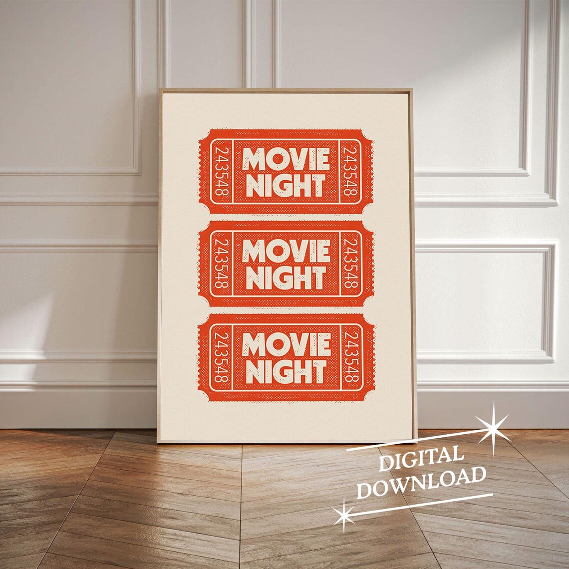 Retro Movie Night Cinema Ticket Stub Red Vintage Theater Wall Art