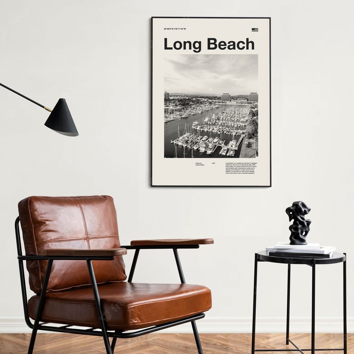 Long Beach California Coastal Marina Black And White Travel Poster - Image 4