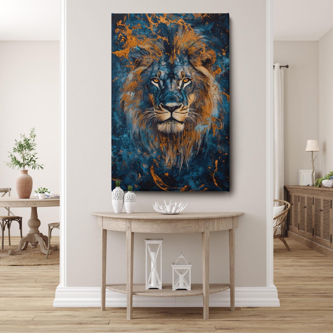 Majestic Abstract Lion Portrait Blue Orange Paint Splash Animal Poster - Image 3