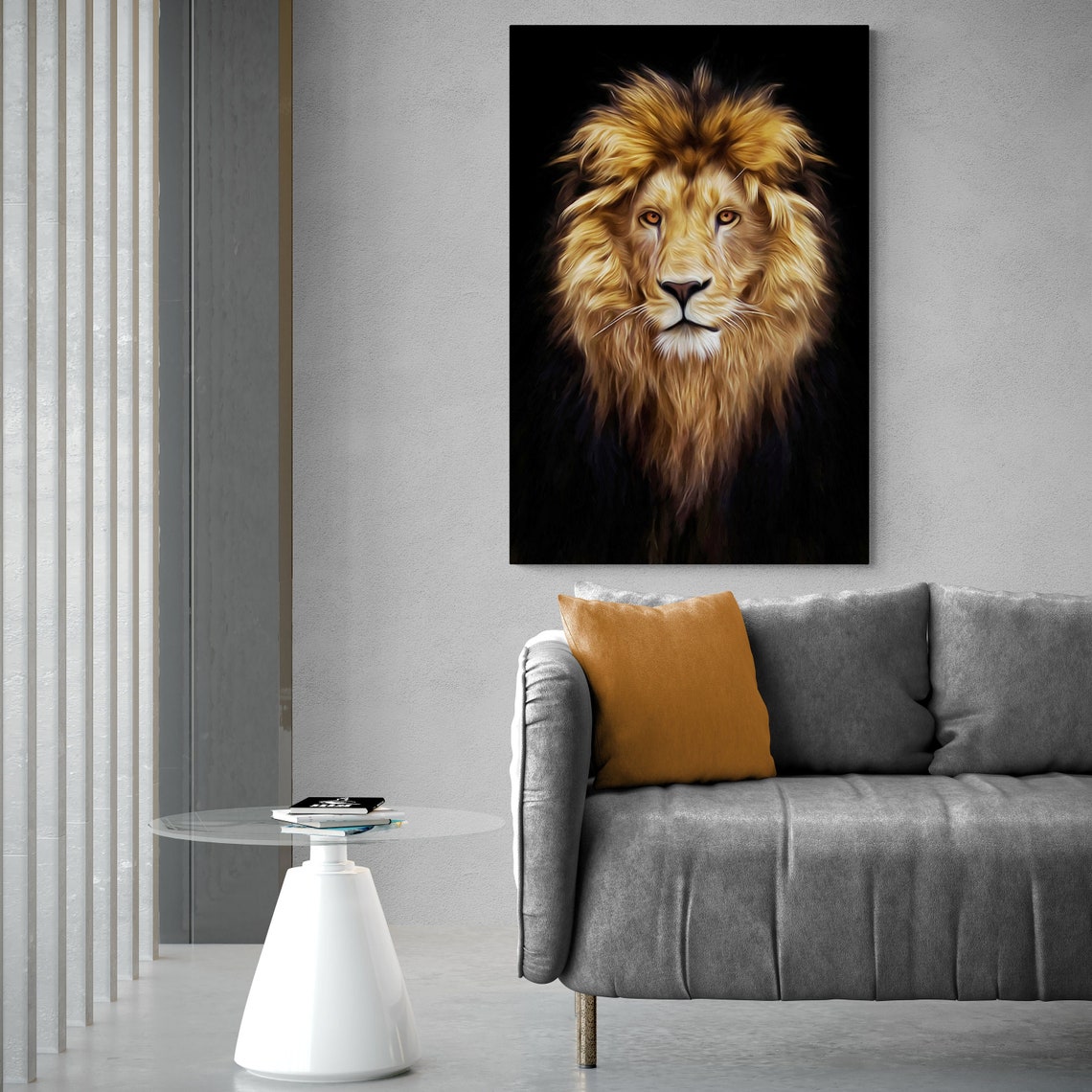 Golden Lion Head Portrait On Black Background Wildlife Art Poster - Image 2