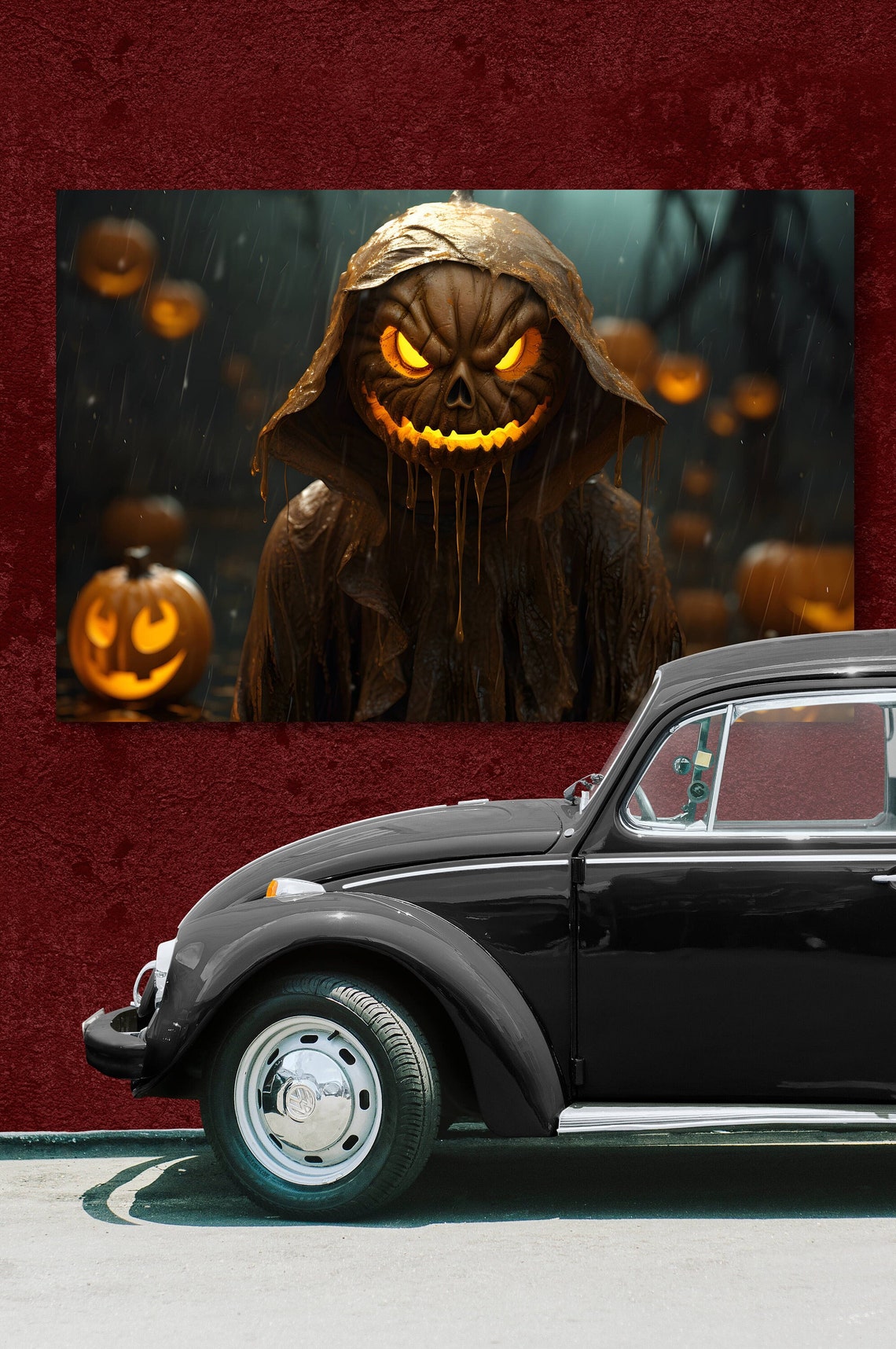Scary Pumpkin Head Monster In Rain With Glowing Jack O Lanterns Print - Image 2