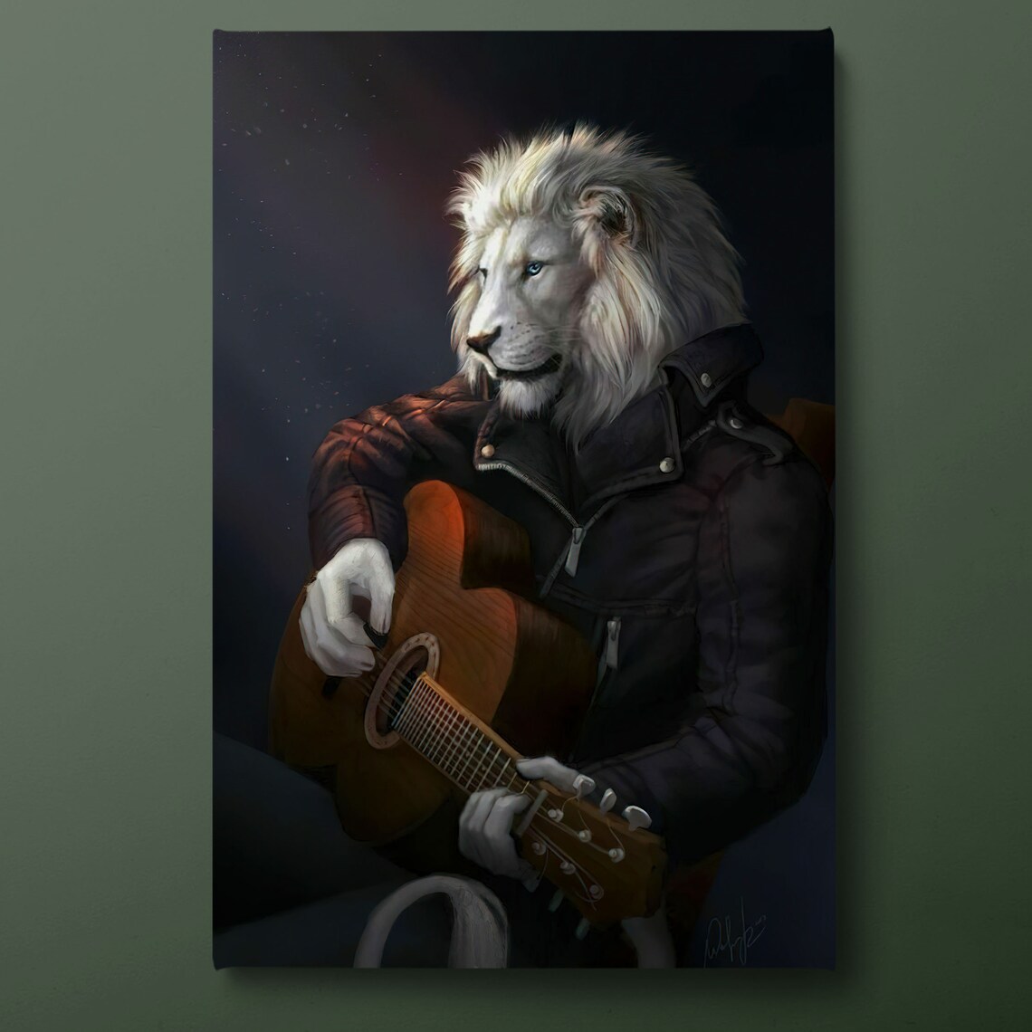 White Lion Playing Acoustic Guitar Wearing Leather Jacket Music Art Poster