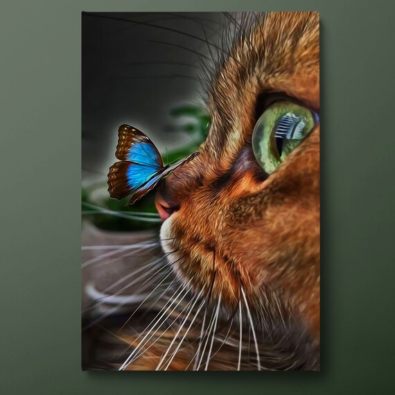 Orange Cat With Blue Butterfly On Nose Green Eyes Animal Portrait Art