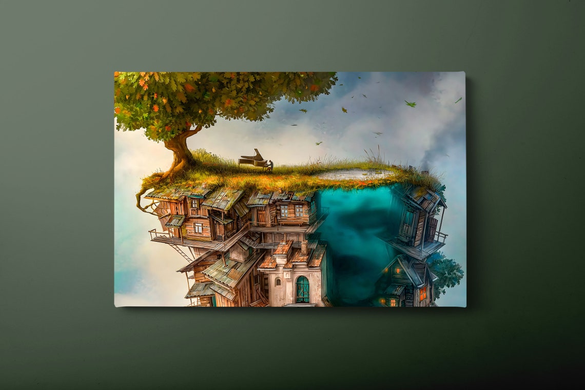 Surreal Floating Island Village Grand Piano Autumn Tree Fantasy Poster