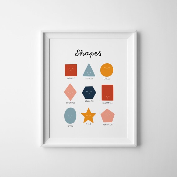 Shapes Learning Chart Cute Geometry Faces Kids Classroom Poster