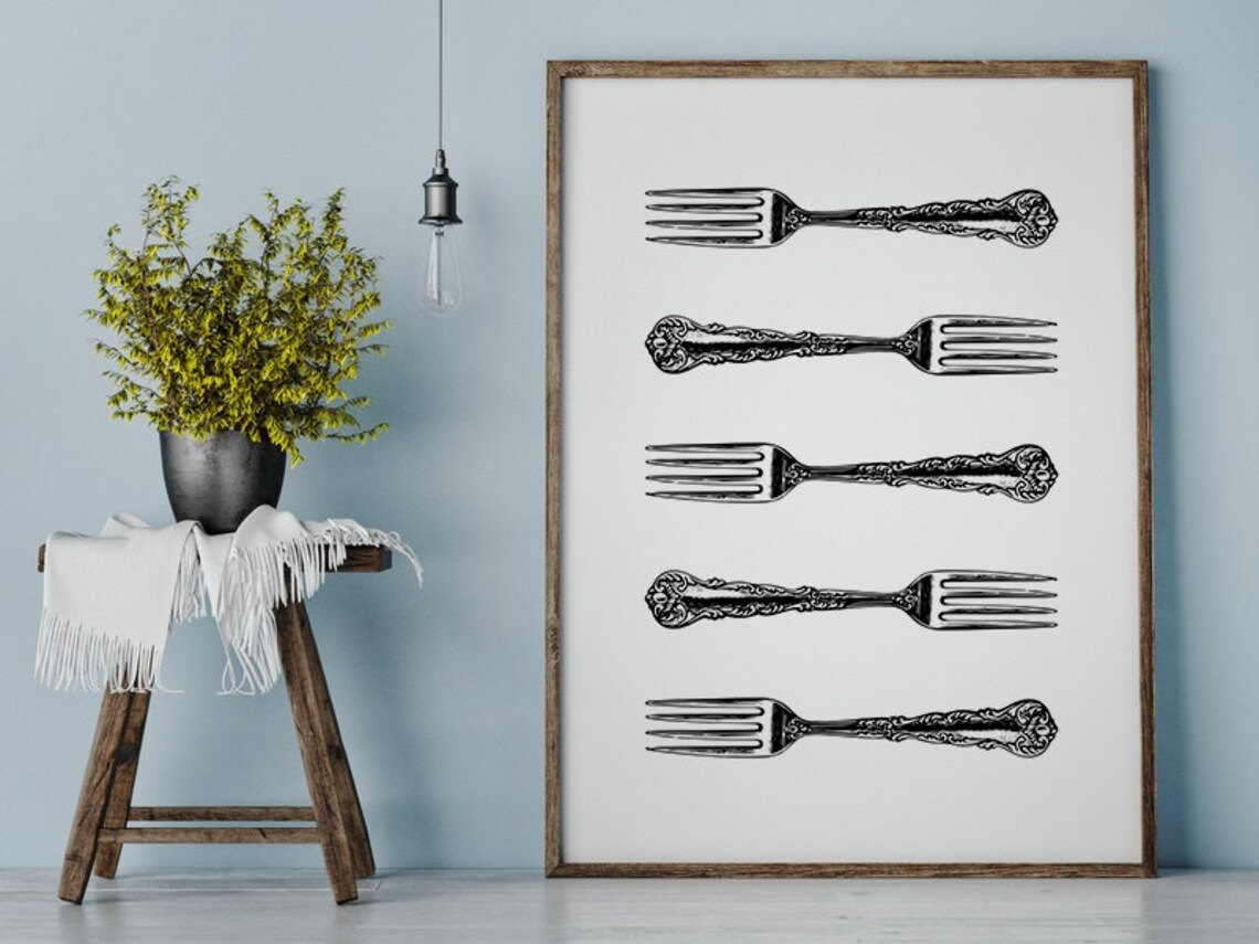 Vintage Forks Illustration Monochrome Cutlery Dining Room Art Poster - Image 2