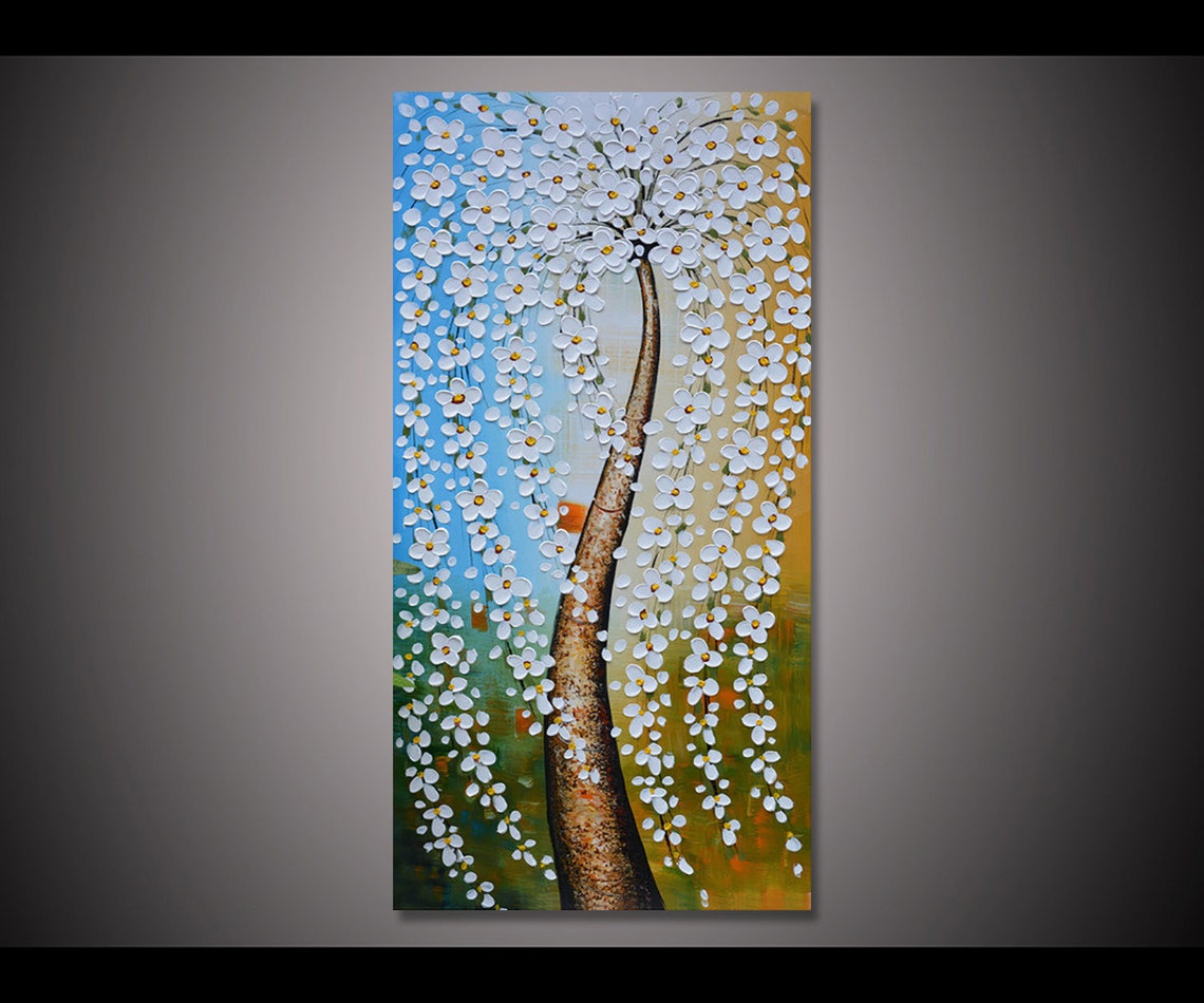 White Weeping Flower Tree On Blue Gold Textured Oil Paint Poster