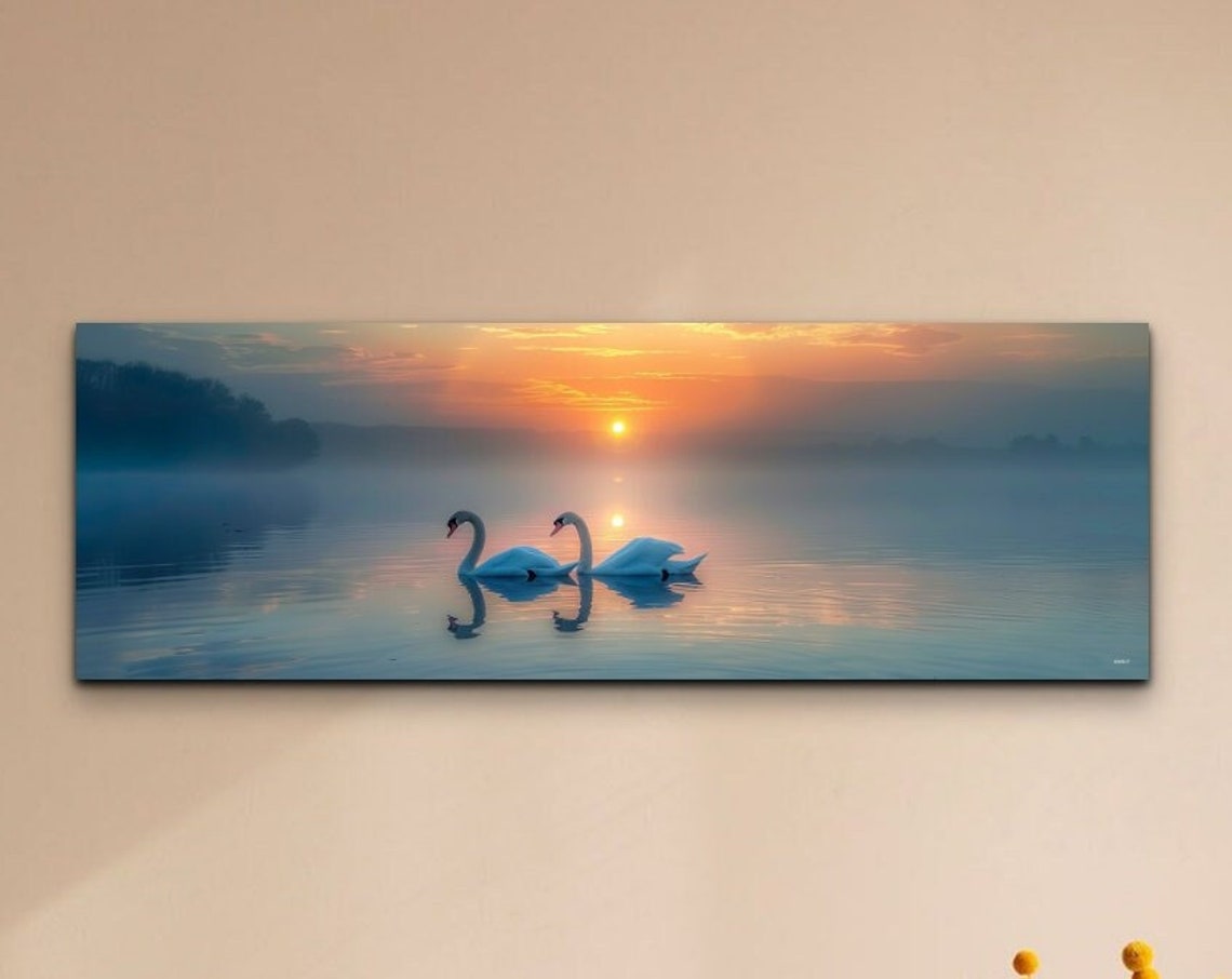 Swan Couple Misty Lake Sunrise Romantic Birds Panoramic Wall Art