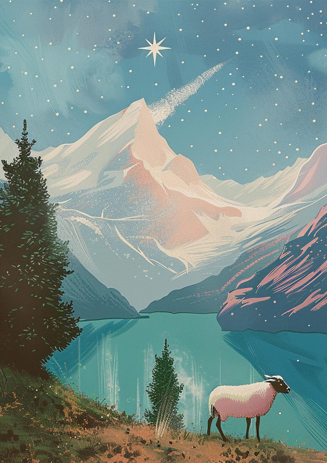 Starry Night Mountain Lake Poster with Sheep under the Bright Star