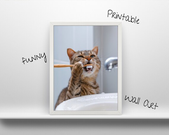 Funny Cat Brushing Teeth Wall Art L Fun Animal Design Bathroom Decoration Kitten With Toothbrush Room Decor