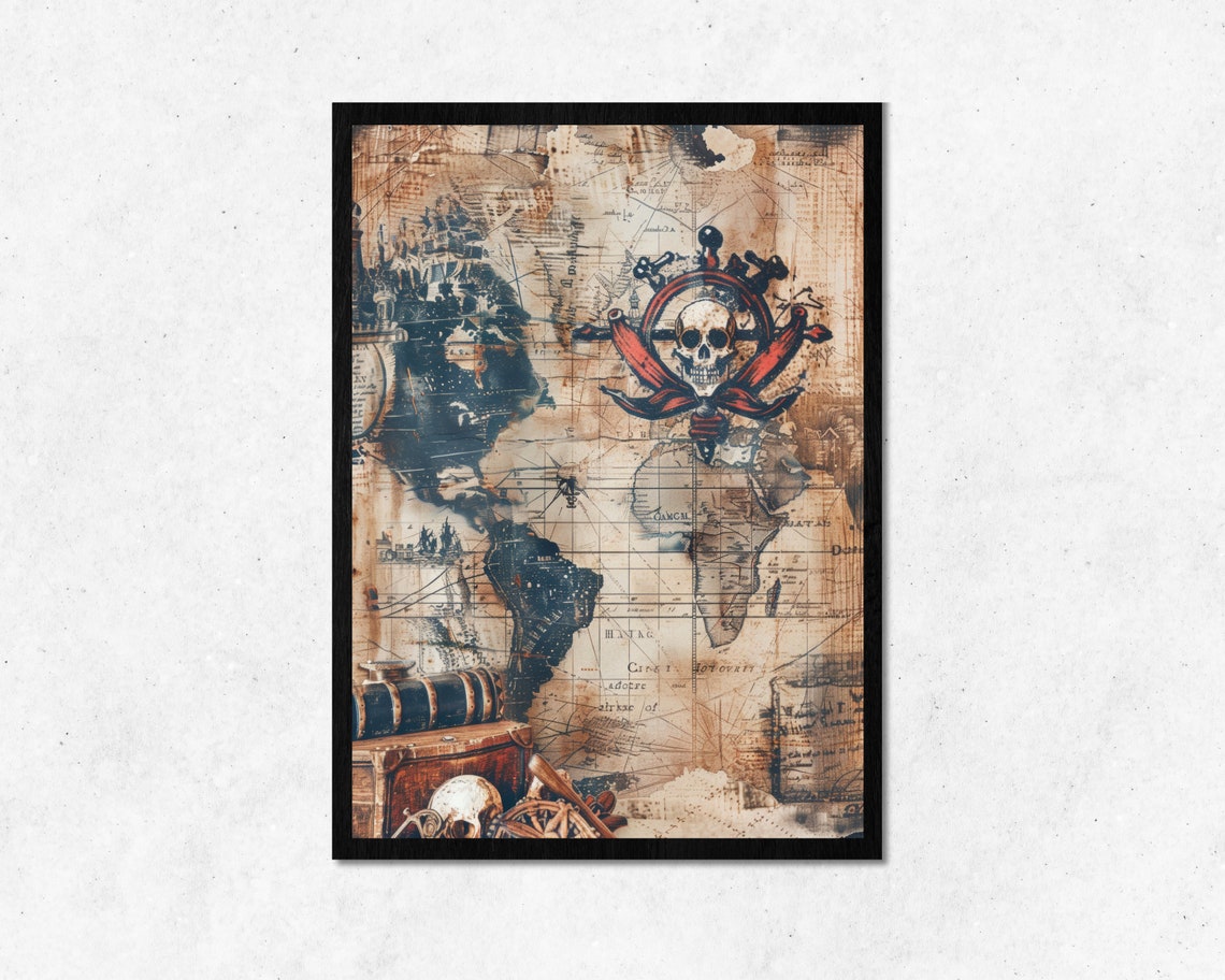 Vintage Pirate Map Wall Art L Old Distressed Texture Room Decoration Instant Skull Design Home Decor Frame