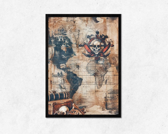 Vintage Pirate Map Wall Art L Old Distressed Texture Room Decoration Instant Skull Design Home Decor Frame