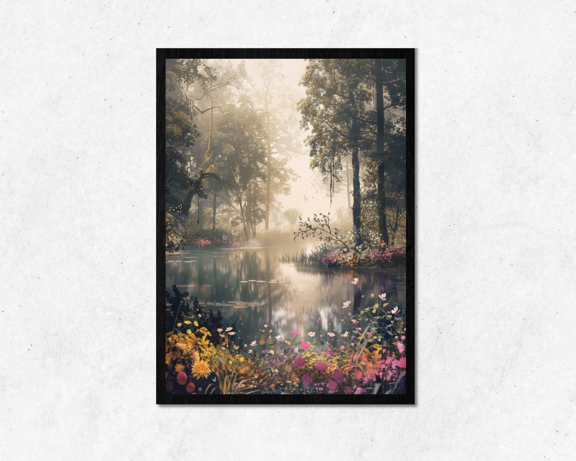 Serene Misty Forest Lake Wildflowers at Dawn Landscape Poster