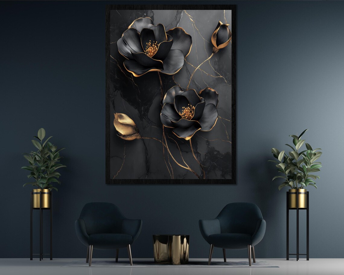 Luxury Black Rose With Golden Petal 3D Marble Flower Design Poster