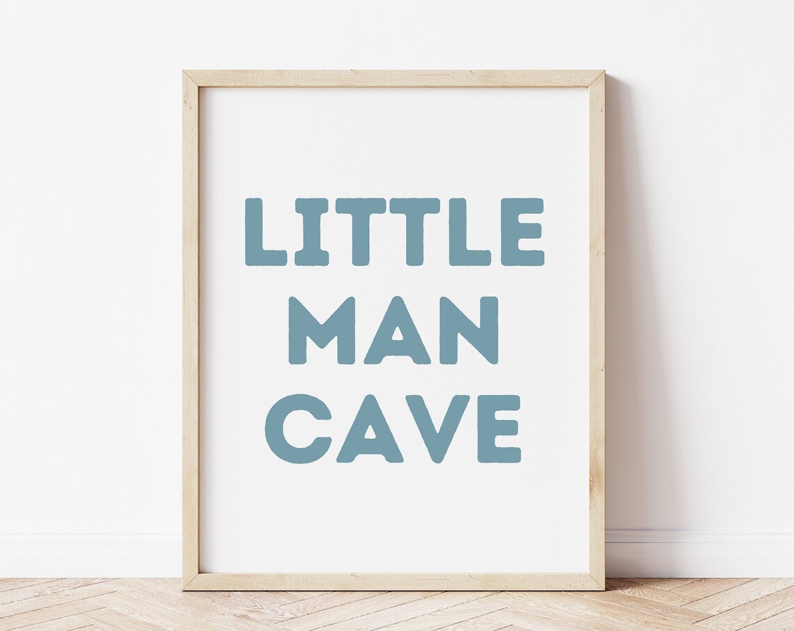 Little Man Cave Dusty Blue Lettering Nursery Boys Room Framed Poster