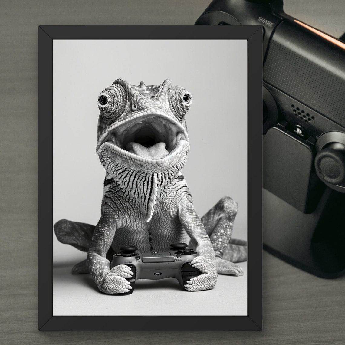 Chameleon Gamer Holding a Game Controller With a Wide Grin Poster