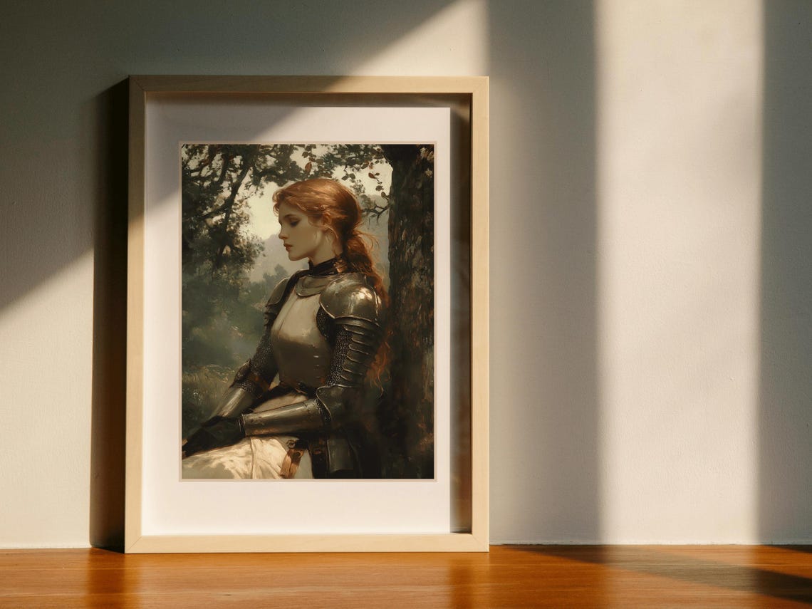 Armored Lady Knight Resting Against Ancient Tree In Forest Wall Art - Image 5