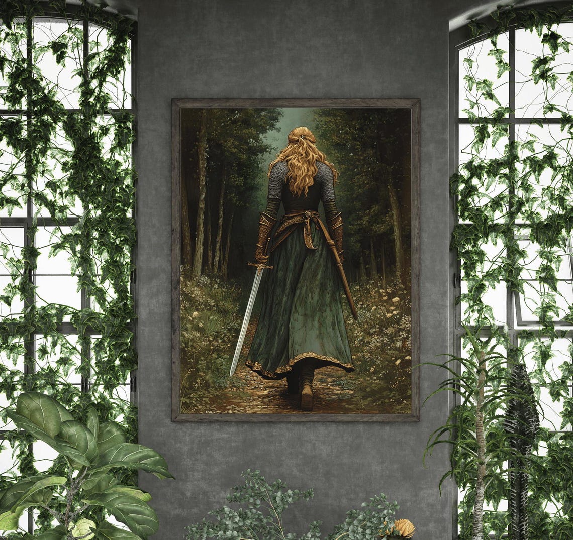 Lady Knight With Sword Walking Down A Woodland Path At Dusk Poster - Image 4
