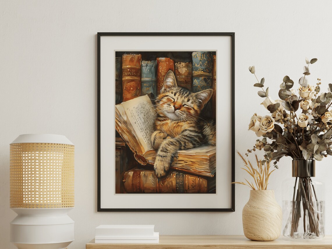 Sleepy Tabby Cat Napping On Books Library Watercolor Animal Painting Poster - Image 5