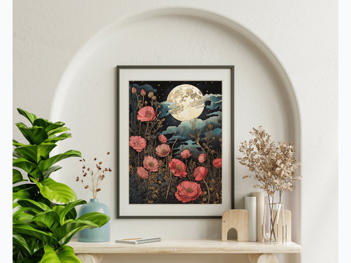 Pink Poppies Full Moon Night Sky Flowers Art Nouveau Painting Wall Art - Image 2