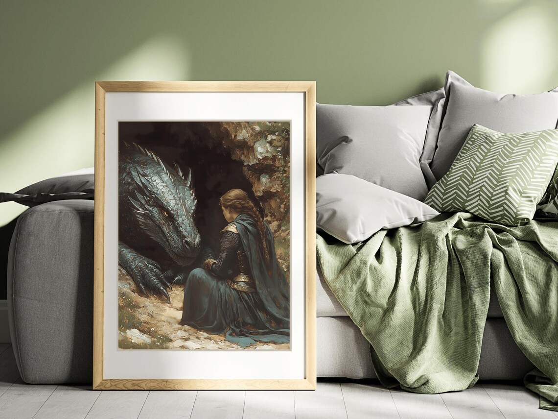 Lady Knight Teal Dragon Cave Medieval Fantasy Romantic Painting Poster - Image 3
