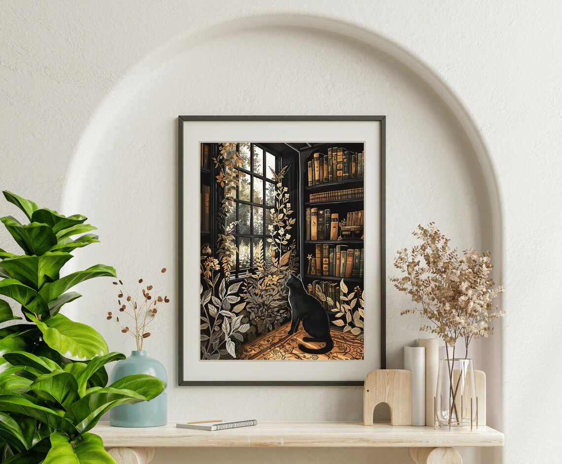 Black Cat Botanical Library Plants Window Dark Academia Cat Painting Poster - Image 5