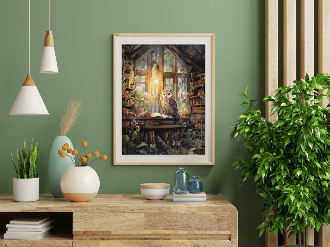 Owl Cozy Greenhouse Library Books Plants Warm Lamp Bird Painting Poster - Image 4