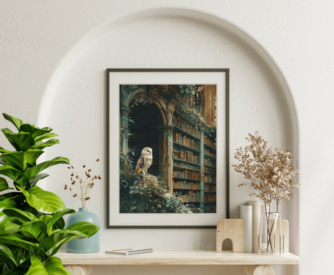 Barn Owl Gothic Stone Library Vines Old Books Bird Painting Wall Art - Image 5