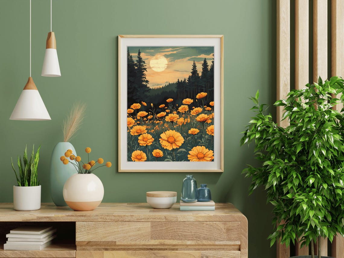 Marigold Meadow Wildflowers Under A Glowing Moon Forest Night Poster - Image 3