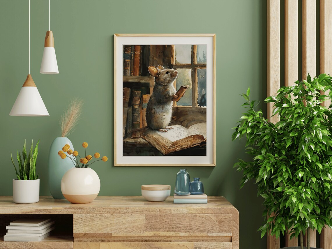 Cute Mouse Reading Book Library Window Watercolor Animal Painting Poster - Image 5